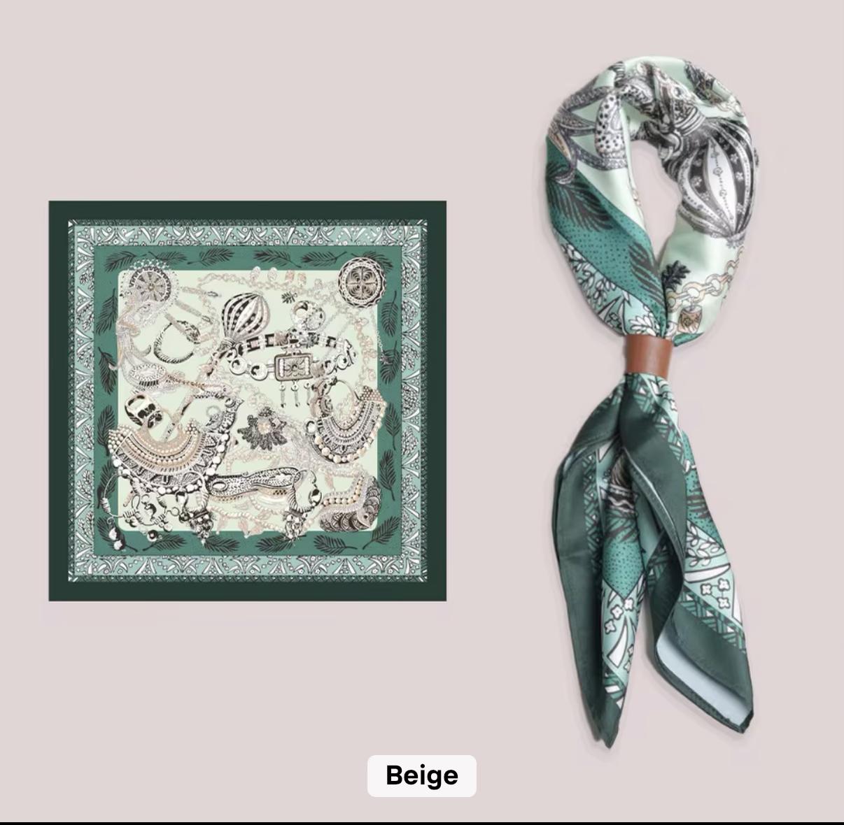 Elevaire Beige & Green Satin Head & Neck Scarf