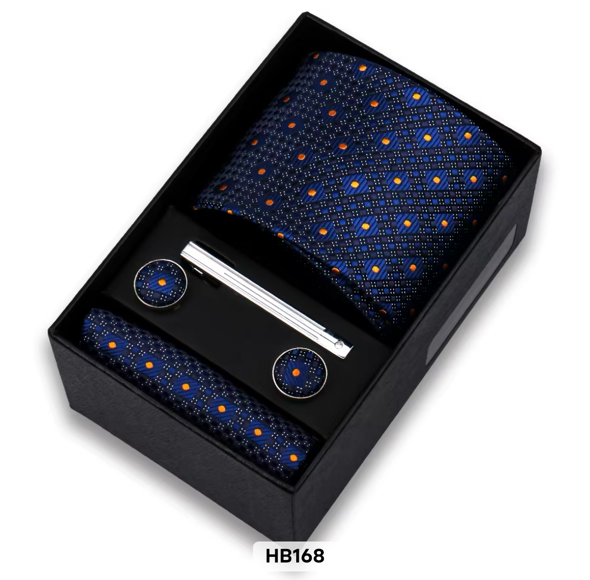 ELEVAIRE Navy Geometric Luxury Tie Gift Set – Tie, Cufflinks & Tie Clip