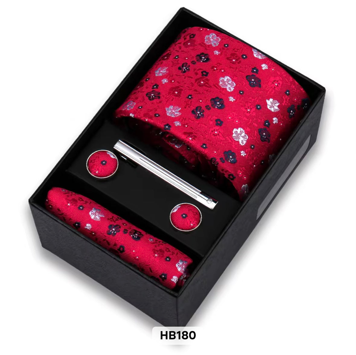 ELEVAIRE Red Floral Luxury Tie Gift Set – Tie, Cufflinks & Tie Clip