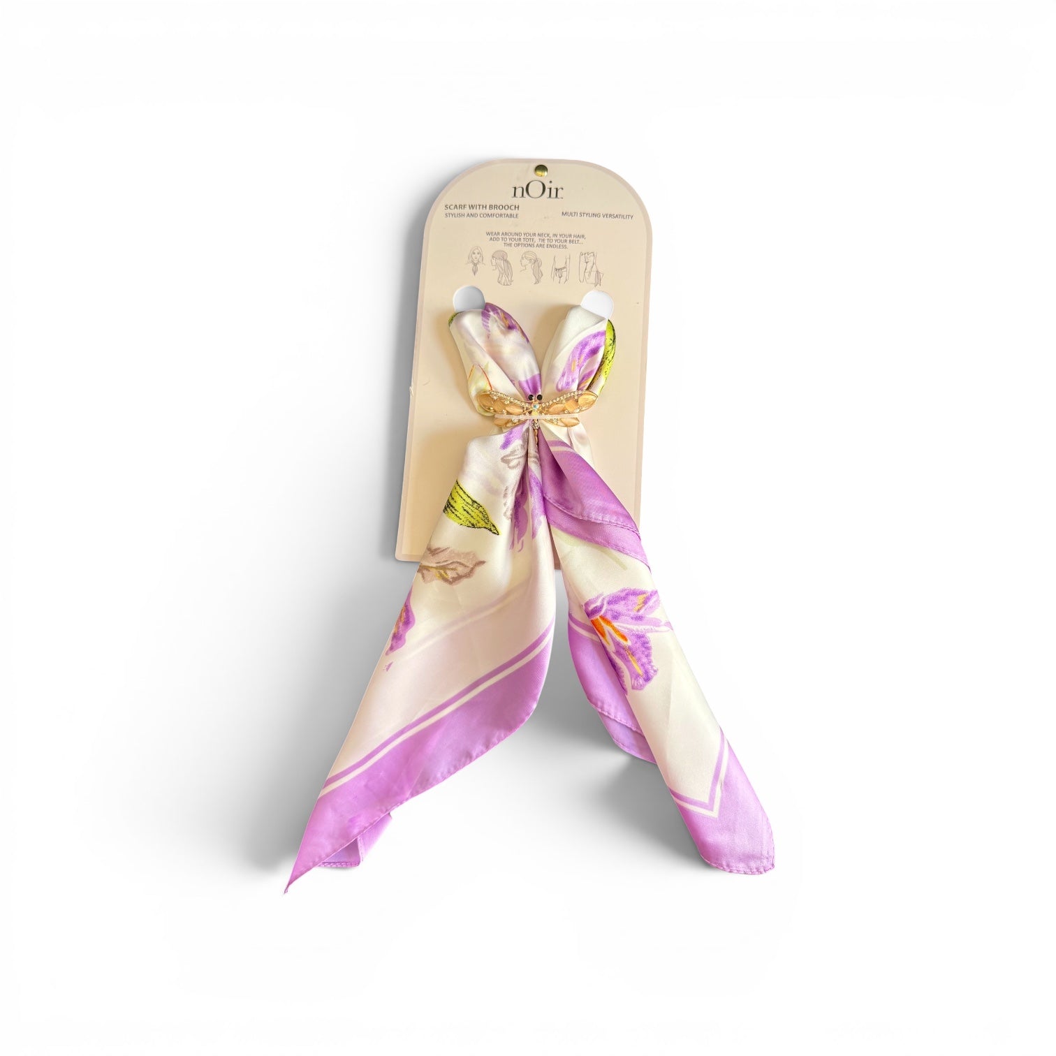 Floral Silk-Style Head Scarf with Gold Brooch