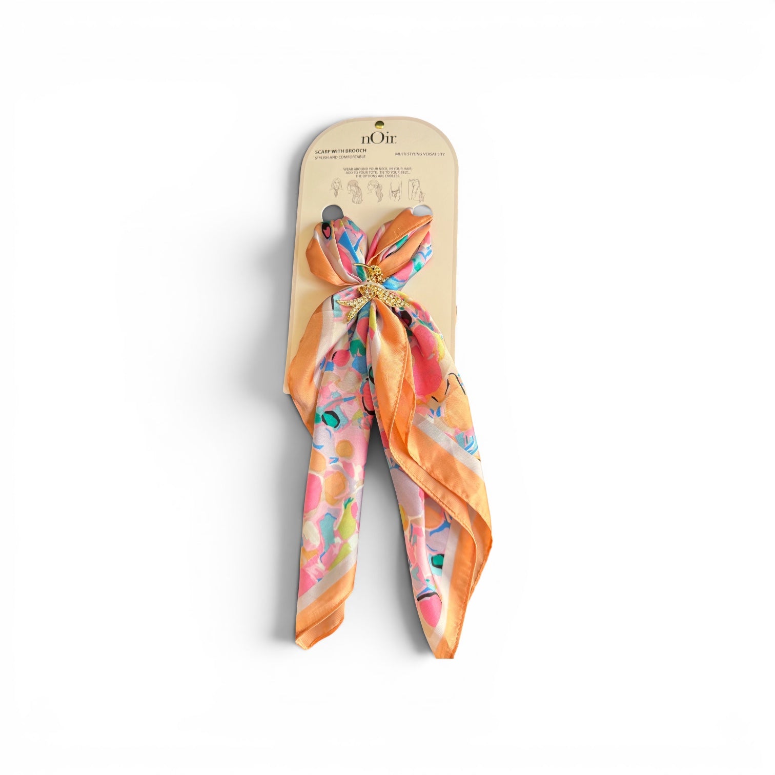 Silk-Style Printed Head Scarf with Brooch